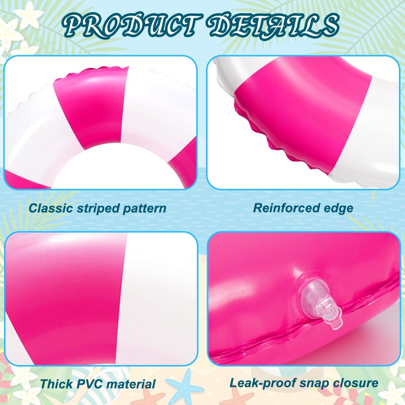 وولاين Whaline 4 قطع بيضاء ساخنة وردية اللون قابلة للنفخ للسباحة تطفو على الماء، حلقة سباحة مخططة، طباعة ممتعة، أنبوب للاسترخاء في حمام السباحة للمراهقين والبنات الصيفية وحفلات الشاطئ، 22.8 بوصة - Image 3